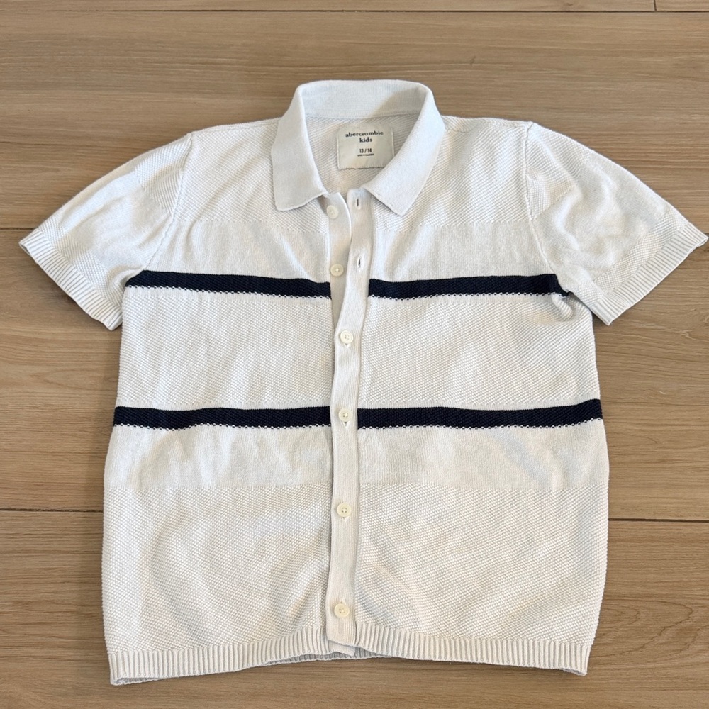 Abercrombie Kids White Navy Striped Short Sleeve Button Up Sweater Polo 13/14